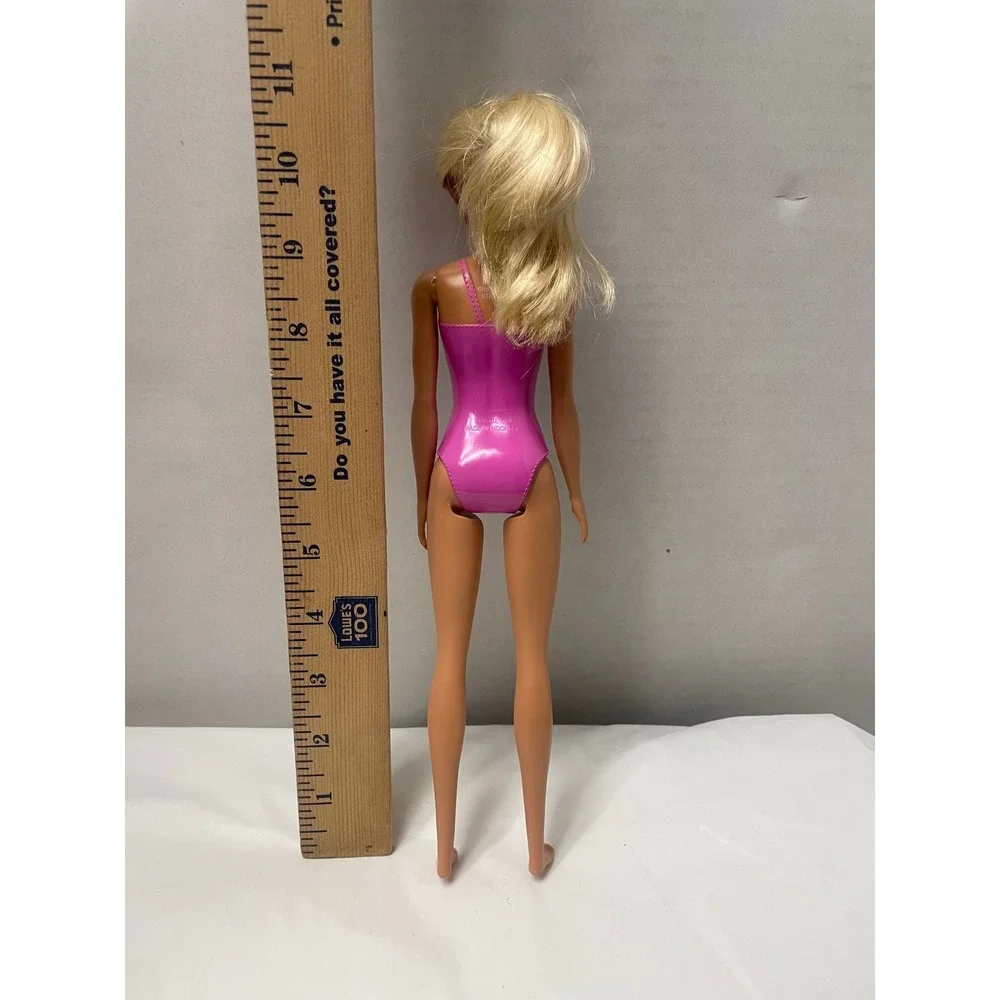Mattel Barbie Doll 2019 Molded Pink Floral Swimsuit Blonde Hair Blue Eyes 11.5in